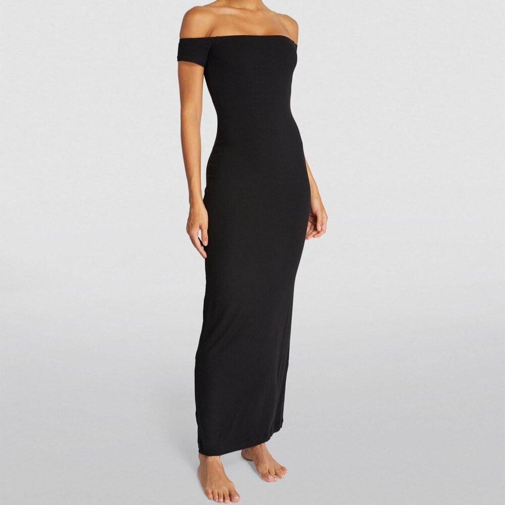 Skims Soft Lounge Ribbed Off Shoulder Black Dress S Long Maxi